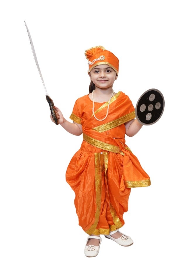 كاكو فانسي دريسيس فستان تنكري من الحرير والبوليستر من كاكو، زي راني البطلة الوطنية جاسي للفتيات | زي المناضلة من أجل الحرية راني لاكشمي باي ليوم الاستقلال ويوم الجمهورية - برتقالي، من 14 إلى 17 سنة، للفتيات - Image 1